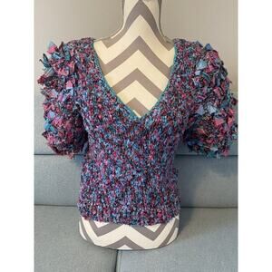 Handmade Knit Upcycled Fabric Pink Blue Purple 80s Art Whimsy Cropped Small